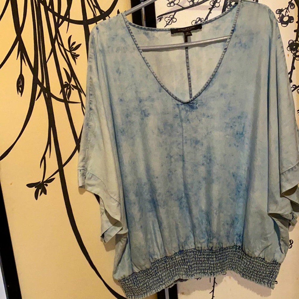 Smocked-Hem Light Blue V-Neck Blouse